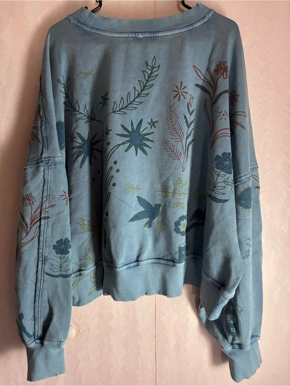NWT Free People Gaia Floral bird blue Women's oversized Sweater sweatshirt crop